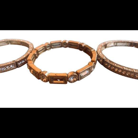 3 Piece Set White Gold-Tone Stretch Bracelets Rhinestone Crystals One Size Gift! - Picture 5 of 8